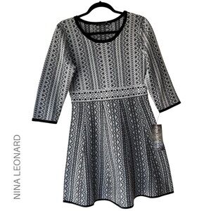 NWT | NINA LEONARD BLACK & WHITE FAIR ISLE SWEATER DRESS GEOMETRIC | MEDIUM